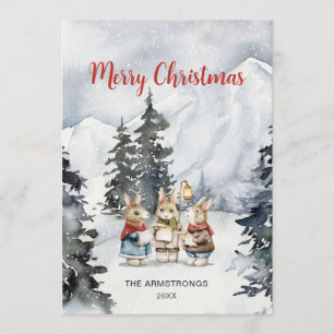 Leisteenblauwe Aquarel Konijnen Kerstcarolers Feestdagenkaart