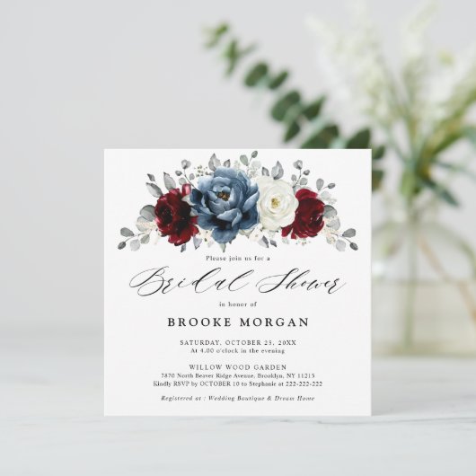 Leisteenblauwe Bourgogne Witte Ivoor Boho Bruiloft Kaart (Staand voorkant)