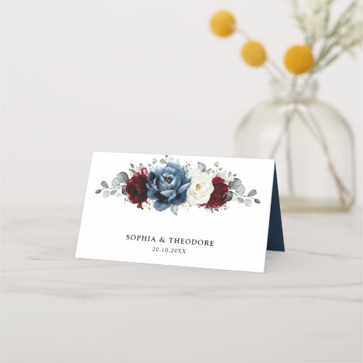 Leisteenblauwe Bourgogne Witte Ivoren Bruiloft Blo Plaatskaartje (Achterkant)