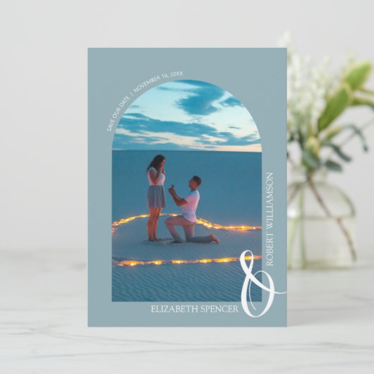 Leisteenblauwe QR-code trouwfoto Save the Date (Staand voorkant)