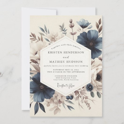 Leisteenblauwe Vintage Bloom Bruiloft Kaart (Voorkant)