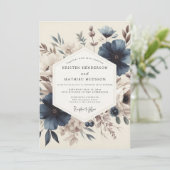 Leisteenblauwe Vintage Bloom Bruiloft Kaart (Staand voorkant)