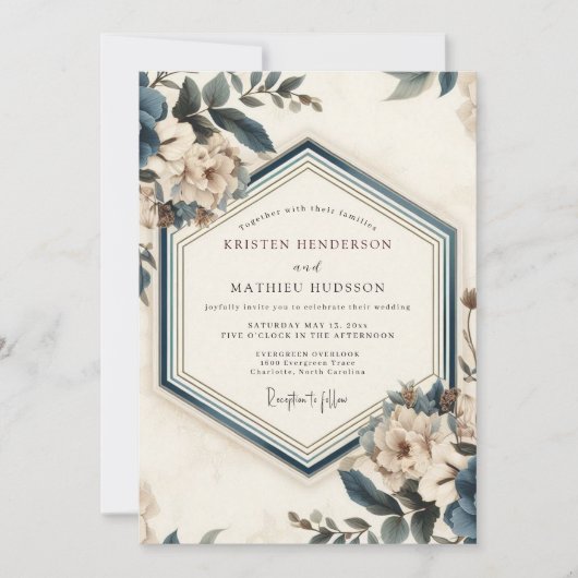 Leisteenblauwe Vintage Bloom Bruiloft Kaart (Voorkant)