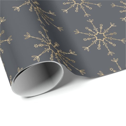 Leistgrijze houtskool Gold Snowflake Cadeaupapier (Rol Hoek)