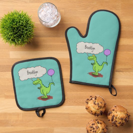 Lekkende groene, grappige drakendraak-cartoon ovenwant & pannenlap set (Top down)