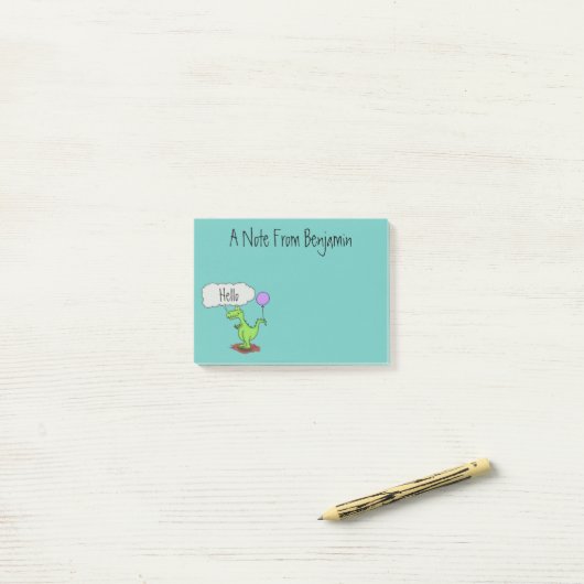 Lekkende groene, grappige drakendraak-cartoon post-it® notes (Op bureau)