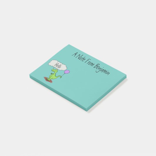 Lekkende groene, grappige drakendraak-cartoon post-it® notes (Schuin)