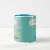 Lekkende groene, grappige drakendraak-cartoon tweekleurige koffiemok (Center)