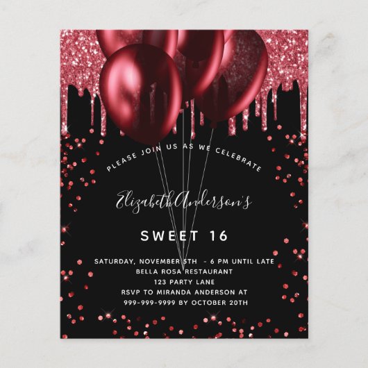 Lekker 16 zwarte rode glitter-budgetuitnodiging flyer (Voorkant)