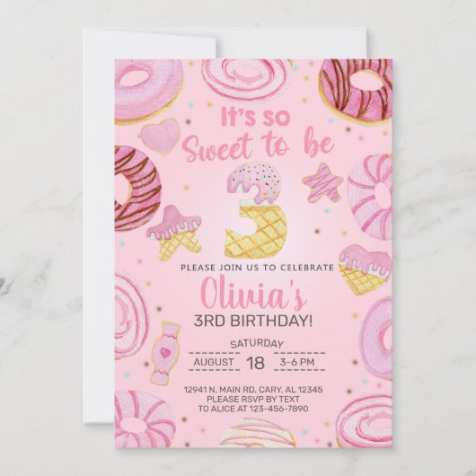 Lekker om drie donuts meisje te zijn, uitnodigen v kaart (Voorkant)