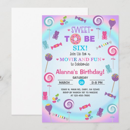 Lekker om zes candyland verjaardagsuitnodiging te kaart (Voorkant / Achterkant)