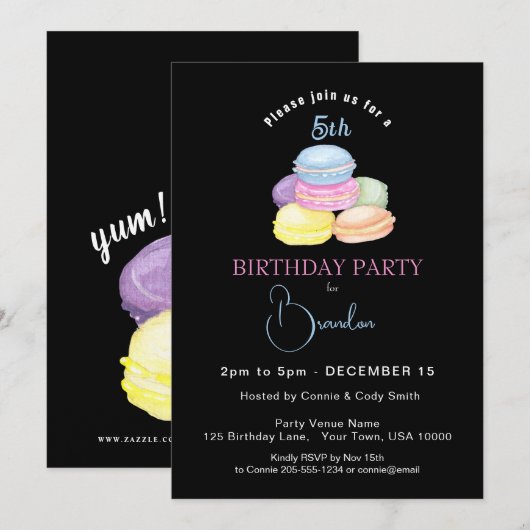 LEKKERE KLEURRIJKE MACAROONS, VERJAARDAGSFEEST KAART (Voorkant / Achterkant)