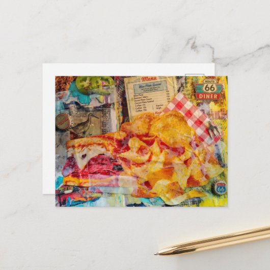 Lekkere sandwich en chips mixed media collage briefkaart (Voorkant / Achterkant in situ)