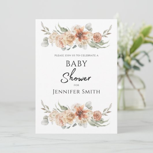 lelegant perzikroze baby shower save the date (Staand voorkant)