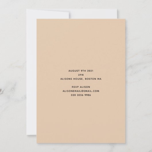 lelegant perzikroze baby shower save the date (Achterkant)