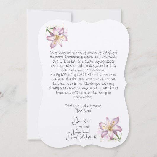 Lelie bloem vrijgezellenfeest. Bloemen uitnodiging (Achterkant)