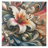 Lelie omringd door kleurrijke wervelende patronen tegeltje (Voorkant)