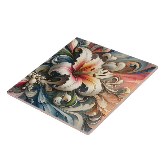 Lelie omringd door kleurrijke wervelende patronen tegeltje (Zijkant)