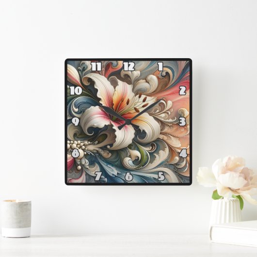 Lelie omringd door kleurrijke wervelende patronen vierkante klok (Huis)