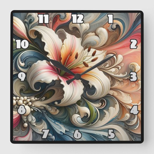 Lelie omringd door kleurrijke wervelende patronen vierkante klok (Voorkant)