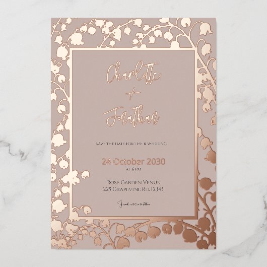 Lelie van de Vallei Bloementuin Trouwgoud F Folie Uitnodiging (Voorkant)