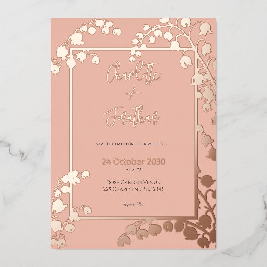 Lelie van de Vallei Bloementuin Trouwgoud Folie Uitnodiging (Voorkant)