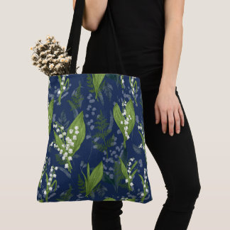 Lelie van de Vallei Donkerblauwe achtergrond Tote Bag