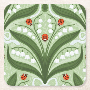 Lelie van de vallei en lieveheersbeestjes symmetri kartonnen onderzetters