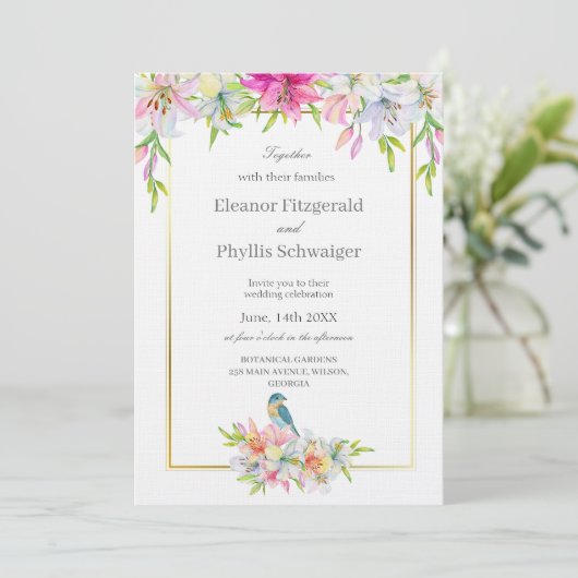 Lelies Bird Waterverf huwelijksuitnodiging Kaart (Staand voorkant)