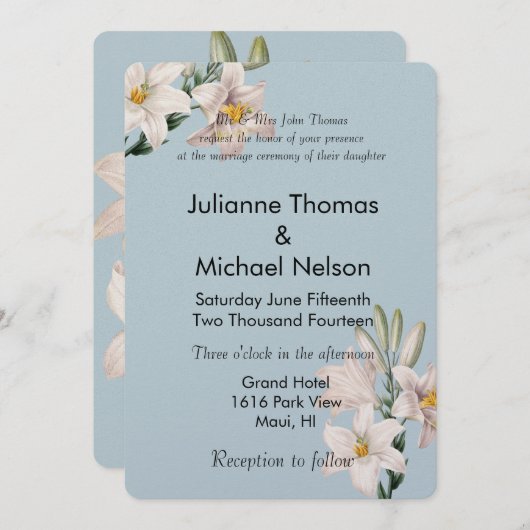  lelies blauw wit bloemenbruiloft kaart (Voorkant / Achterkant)