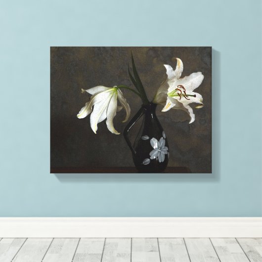 Lelies in een vaas gewikkeld canvas print (Insitu (Houten vloer))