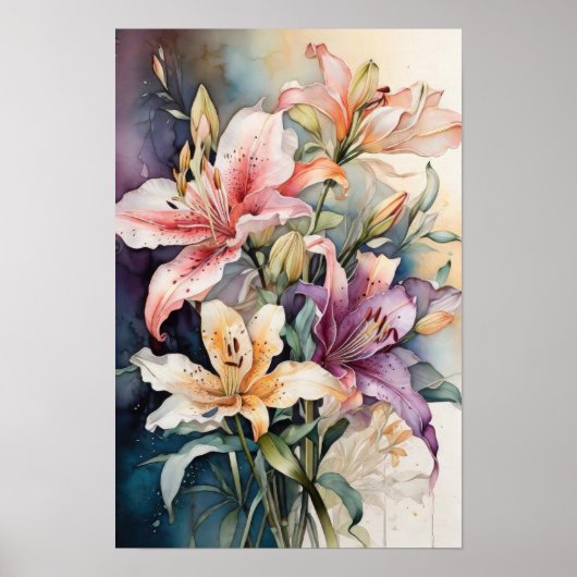 Lelies in Waterverf Harmonie - Flowers Digital Art Poster (Voorkant)