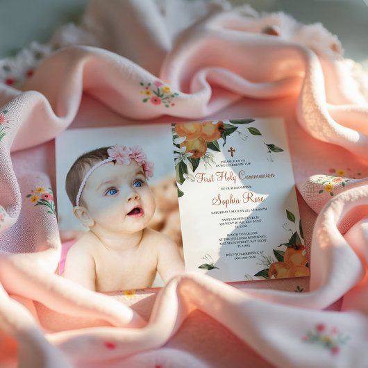 Lelies & Oranje Bloemen Foto Eerste Heilige Commun Kaart