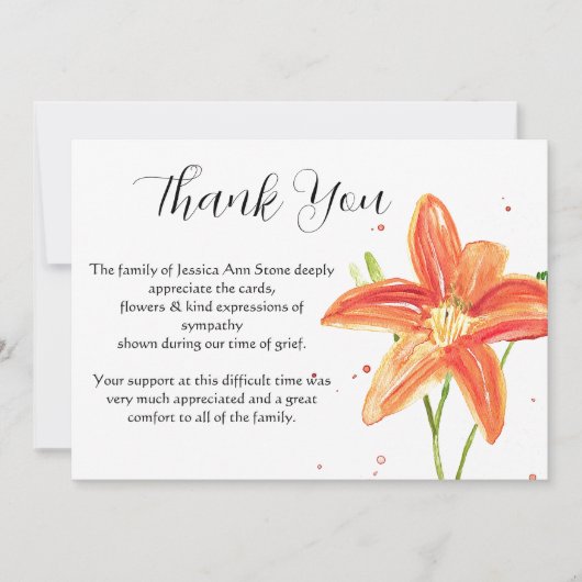 Lelies Sinaasappel Bloemenbegrafenis dood dank u Kaart (Voorkant)