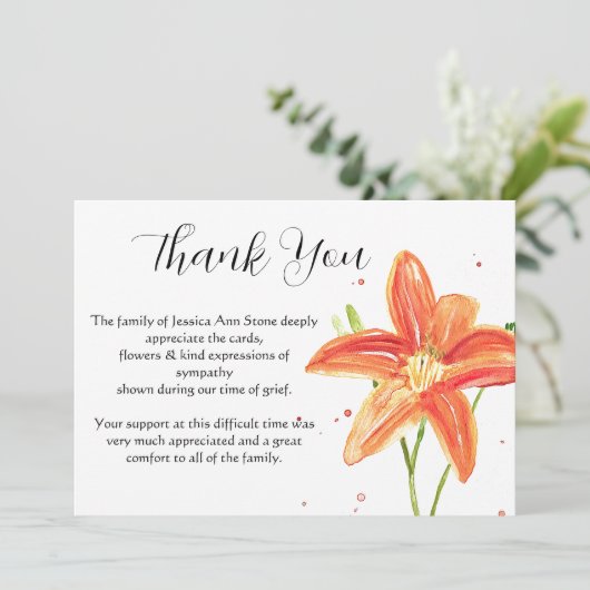 Lelies Sinaasappel Bloemenbegrafenis dood dank u Kaart (Staand voorkant)