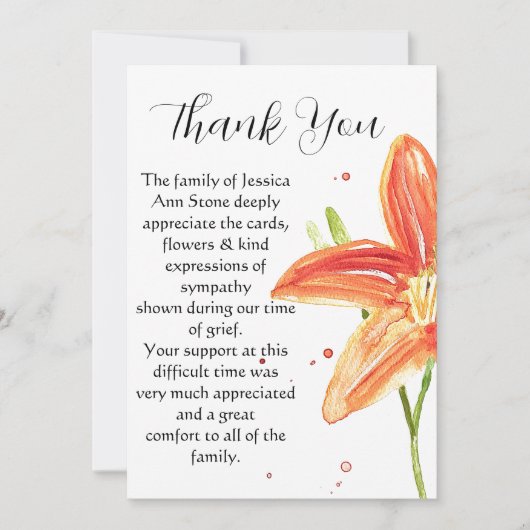 Lelies Sinaasappel Bloemenbegrafenis dood dank u Kaart (Voorkant)