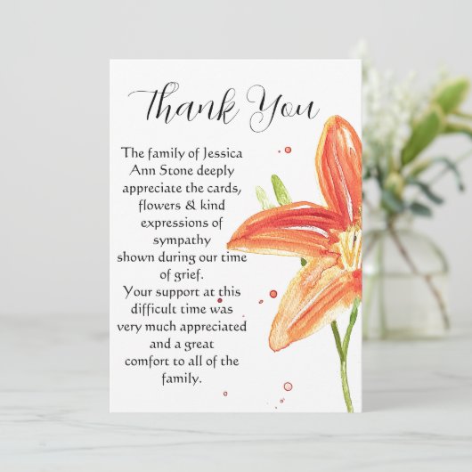 Lelies Sinaasappel Bloemenbegrafenis dood dank u Kaart (Staand voorkant)