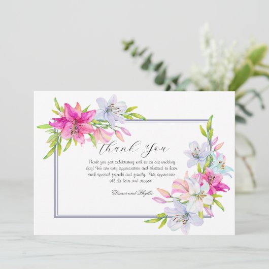 Lelies Waterverf bruiloft Bedankkaart (Staand voorkant)