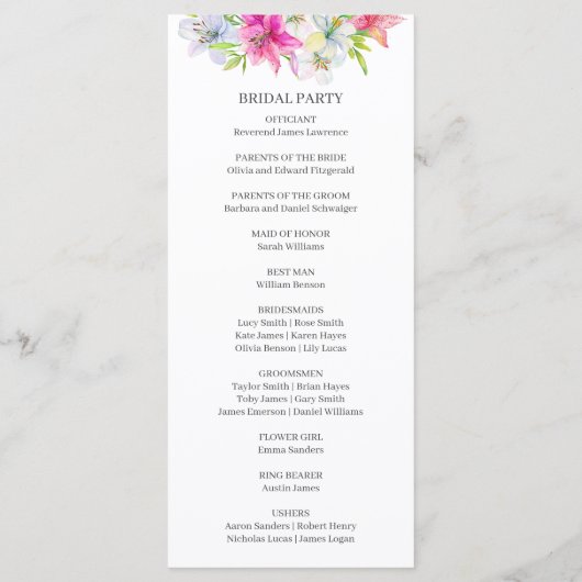 Lelies waterverf bruiloft programmakaart (Achterkant)