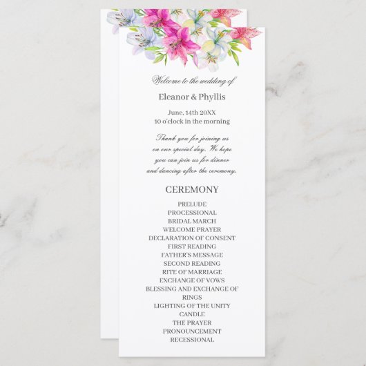 Lelies waterverf bruiloft programmakaart (Voorkant / Achterkant)