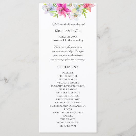 Lelies waterverf bruiloft programmakaart (Voorkant)