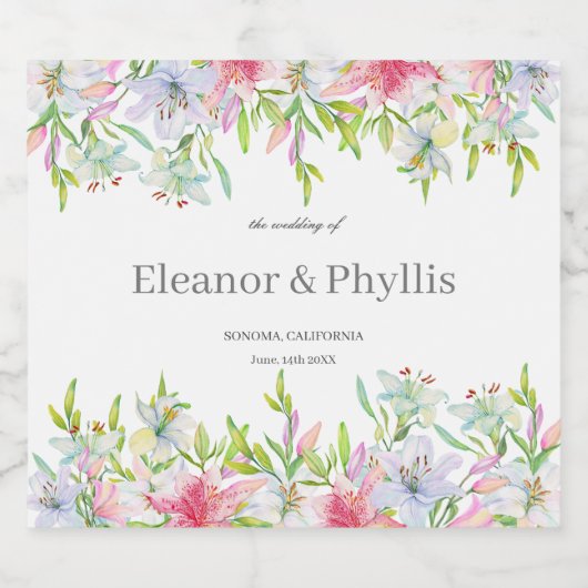 Lelies Waterverf bruiloft Sparkling Wijnetiket (Enkel label)