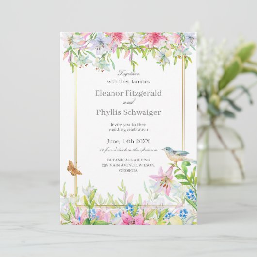 Lelies Waterverf bruiloft uitnodiging (Staand voorkant)