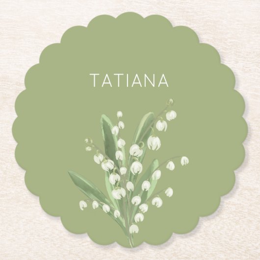 Lelietje-van-dalen bloemstuk met aangepaste naam kartonnen onderzetters (Voorkant)