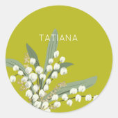 Lelietje-van-dalen bloemstuk met aangepaste naam ronde sticker (Voorkant)