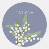 Lelietje-van-dalen bloemstuk met aangepaste naam ronde sticker (Voorkant)
