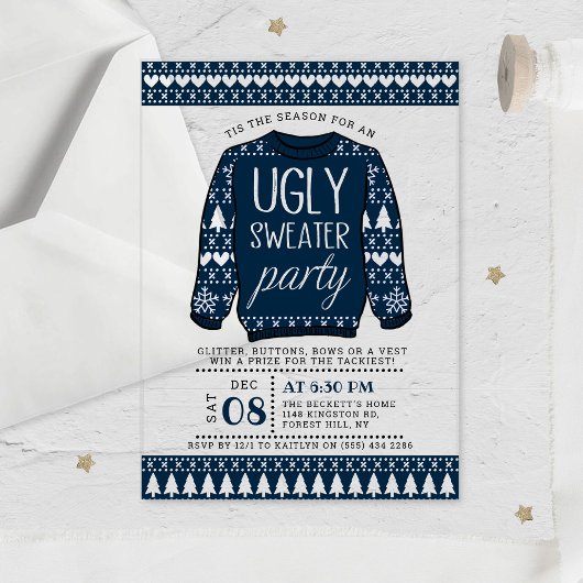 Lelijk Blauw Kersttrui Vakantie Party Acryl Uitnodigingen