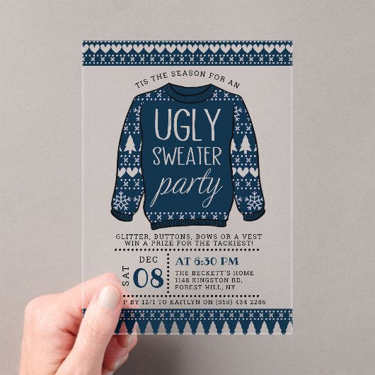 Lelijk Blauw Kersttrui Vakantie Party Acryl Uitnodigingen (Insitu (Draagbaar))