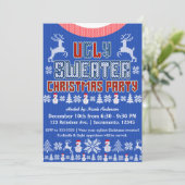 Lelijk gebreide trui kerstfeest blauw wit rood kaart (Staand voorkant)