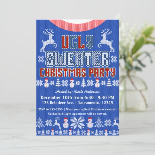 Lelijk gebreide trui kerstfeest blauw wit rood kaart (Staand voorkant)